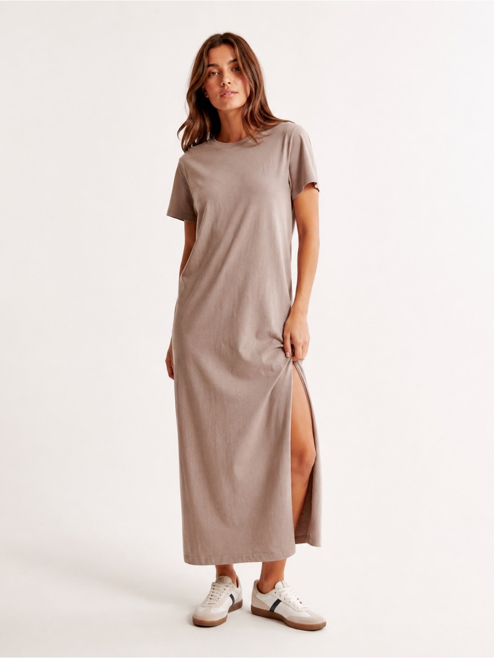 ABERCROMBIE & FITCH Taupe Cotton T-Shirt Maxi Dress | Side Slit | Size Small